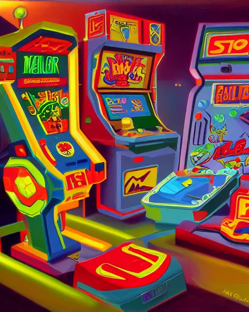 Prompt: arcade start screen. retro technology, 9 0 s colors and shapes, wayne barlow, oil on canvas, deep depth of field, masterpiece, cinematic composition, hyperdetailed