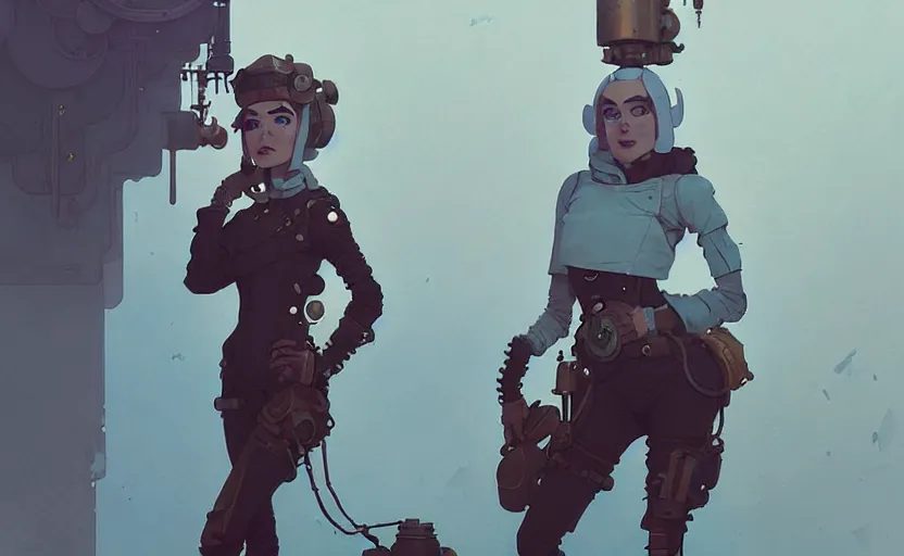 Image similar to portrait of female steampunk princess by atey ghailan, by greg rutkowski, by simon stalenhag, by greg tocchini, by james gilleard, by joe fenton, by kaethe butcher dynamic lighting, gradient light blue, brown, blonde cream and white color scheme, grunge aesthetic