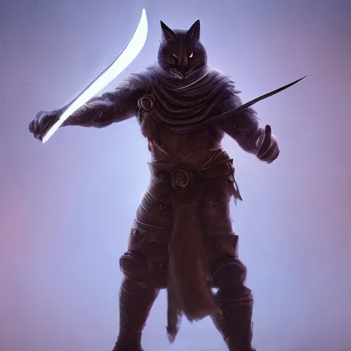 Prompt: character concept portrait, a warrior cat holding a blade, bright glowing, 3 d rendered, 3 d rendering, dramatic lighting, unreal enginedigital painting, concept art, smooth, sharp focus, illustration, 8 k resolution, trending on art station, cinema 4 d, behance hd