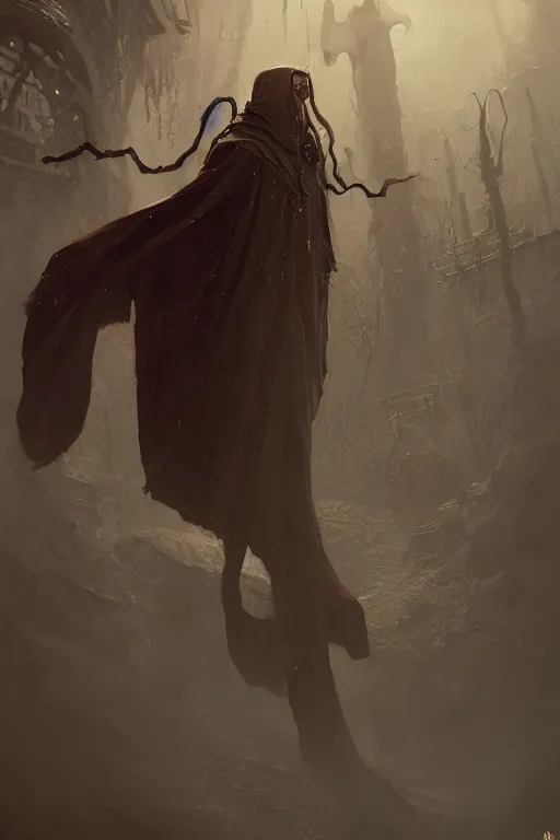 Image similar to lovecraftian cultist wearing a cloak, digital art, magic the gathering, mtg, by greg rutkowski, trending on artstation