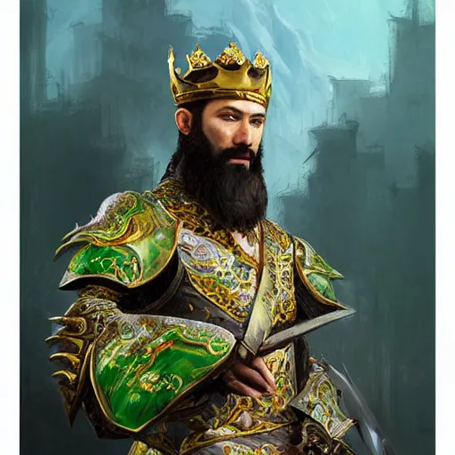 Prompt: A portrait of a king with a trimmed beard, dual wielding swords, wearing green dragon scale armor and a cheetah pelt cloak, fantasy, digital art by Ruan Jia, Donglu Yu