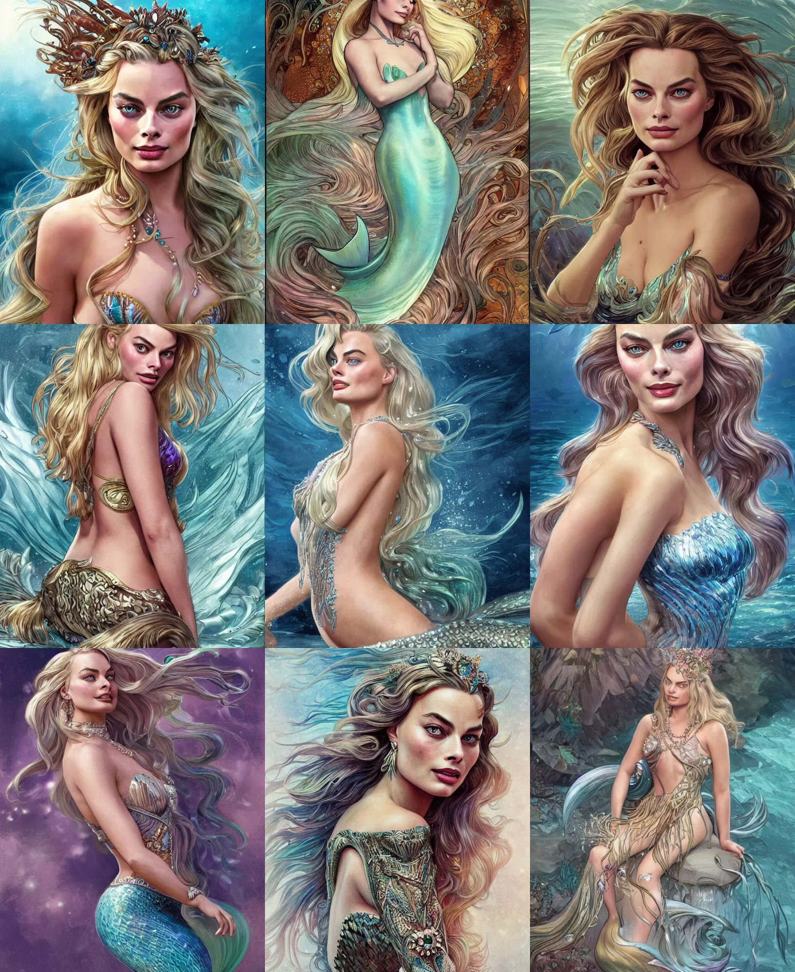 Prompt: Margot Robbie as a Mermaid, cute, fantasy, intricate, elegant, highly detailed, digital painting, 4k, HDR, concept art, smooth, sharp focus, illustration, art by artgerm and H R Giger and alphonse mucha