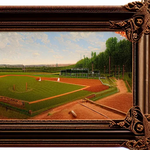 Image similar to a beautiful and highly detailed matte painting of a baseball field in a corn field, celtic knots, intricate details, epic scale, insanely complex, 8 k, sharp focus, hyperrealism, very realistic, by caspar friedrich, albert bierstadt, james gurney, brian froud,