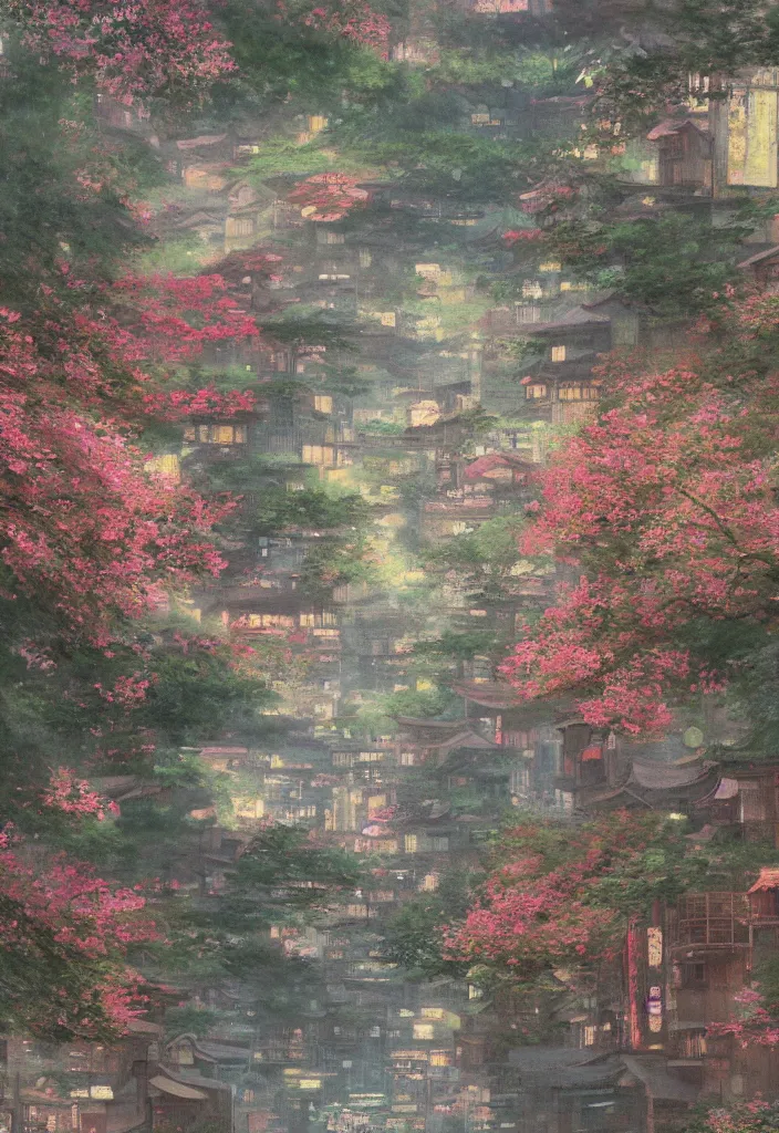 Image similar to a beautiful japanese city in the mountain, amazing ryokans and gorgeous edo era houses, fantastic non human character, epic cyberpunk, lofi vibe, colorful, vivide colors, amazing light, really beautiful nature, by jeremy lipkin, by claude monet, by makoto shinkai, kandinsky touches, inspired by ghibli, masterpiece, beautiful