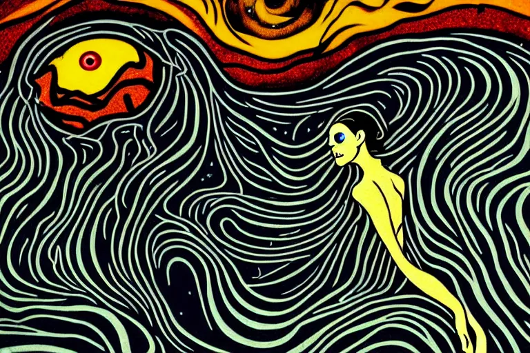 Prompt: despair, drowning, loneliness. collapsing into spiral oblivion, the weeping visage of a longing dreamer in desolation. cosmic void, abyssal ocean depths, art nouveau art deco, vibrant darkness, murky, inspired by jackson pollock and edvard munch and rebecca guay and carl critchlow. a feeling of glimmering hopes last gasp in the endless waters.