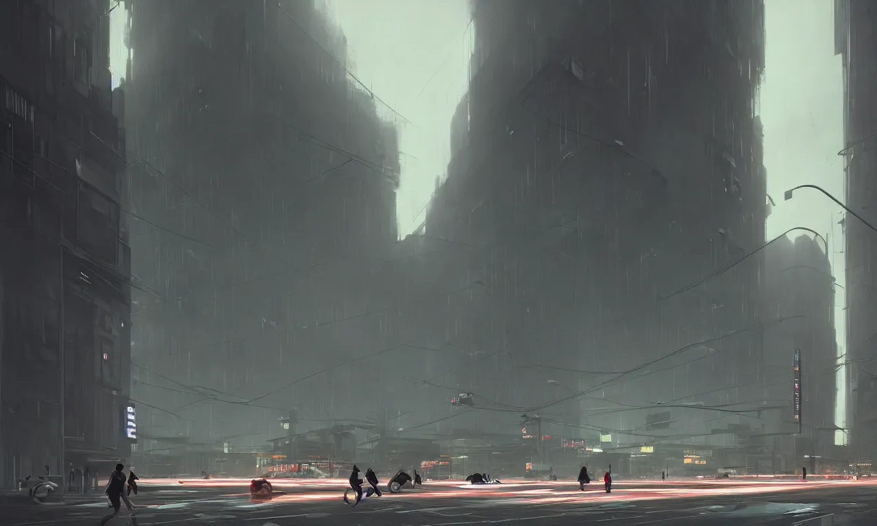 Prompt: simple streetscape, brutalist architecture, white neon lighting, flying vehicles, pedestrians walking, greg rutkowski, syd mead, ralph mcquarrie, concept art, matte painting, highly detailed, rule of thirds, dynamic lighting, cinematic, detailed, denoised, centered