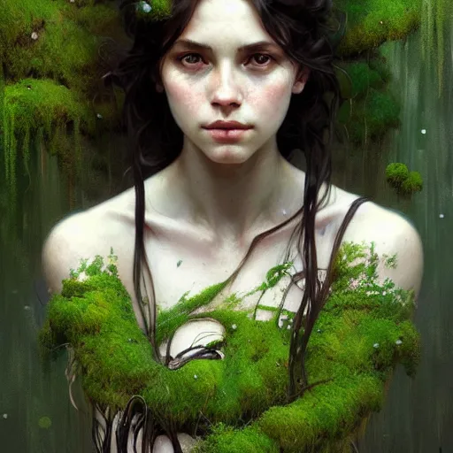 Image similar to A portrait of a girl covered in moss, face, intricate, elegant, highly detailed, digital painting, artstation, concept art, smooth, sharp focus, illustration, art by Krenz Cushart and Artem Demura and alphonse mucha