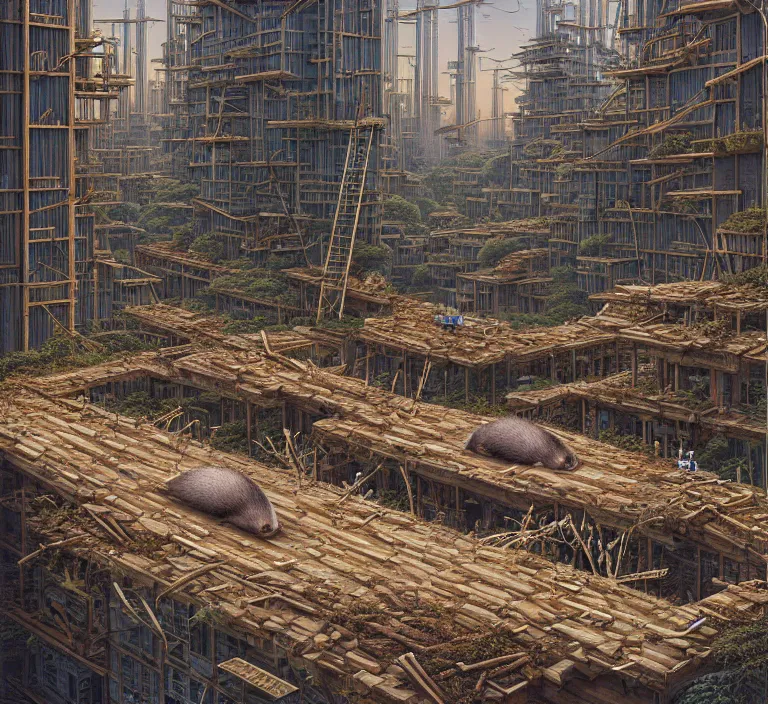 Image similar to hyperrealism photography hyperrealism concept art of highly detailed beavers builders that building highly detailed futuristic city with sticks by hasui kawase and scott listfield sci - fi style hyperrealism