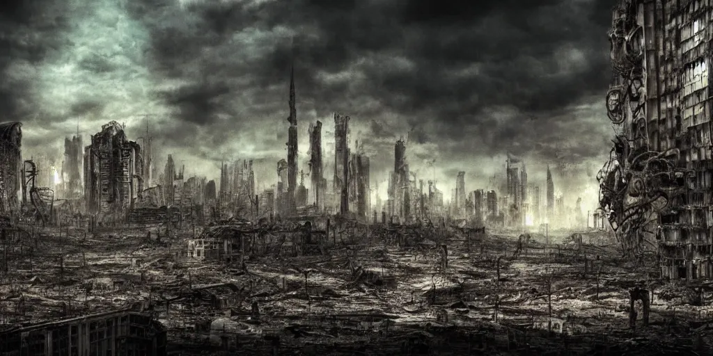 Image similar to a melancholic post-apocalyptic city destroyed by nuclear war, mutants creatures swarming, 35mm, 8k, cinematic lighting, hd wallpaper, HR Giger, atmosphere of silent hill