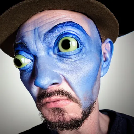 Image similar to fish eye lens close up photograph of a alien with blue skin and a goatee side eyeing the camera with a sympathetic look