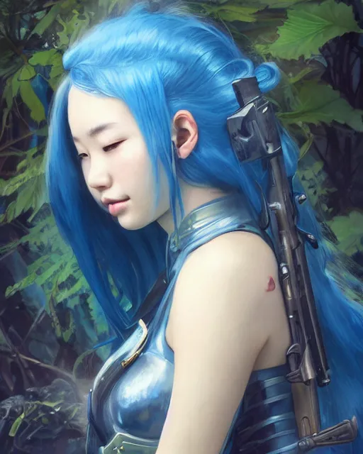 Image similar to stunningly beautifuljapanese girl with blue hair, fantasy art, military girl, army girl outfit, soldier helmet, jungle background, dark light night, sharp focus, digital painting, 8 k, concept art, art by wlop, artgerm, greg rutkowski and alphonse mucha