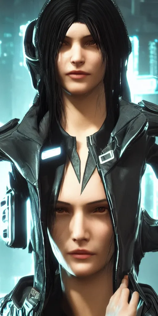 Image similar to black haired woman in a trench coat in a black cyberpunk 2 0 7 7, intricate, highly detailed, face enhance, realistic