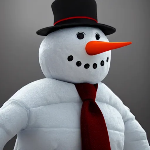 Image similar to a highly detailed humanoid snowman in business suit with black eyes and mouth, no nose, hyperrealism, professional, octane render, full length, digital art