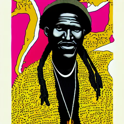 Image similar to portrait of alpha blondy by michael deforge, very detailed, 4 k