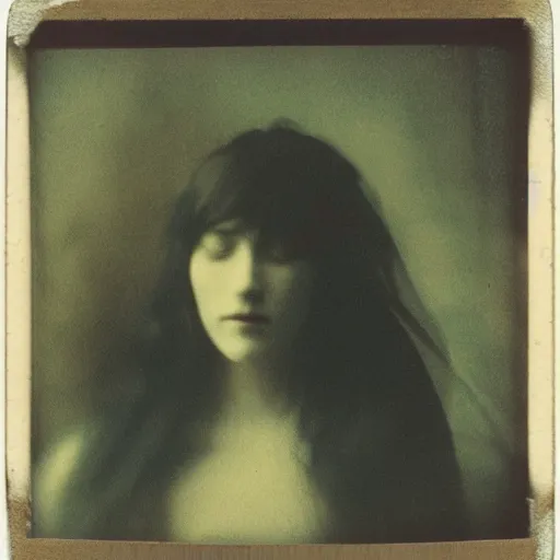 Image similar to portrait of a beautiful woman corpse covered in flowers, 1910 polaroid photography,