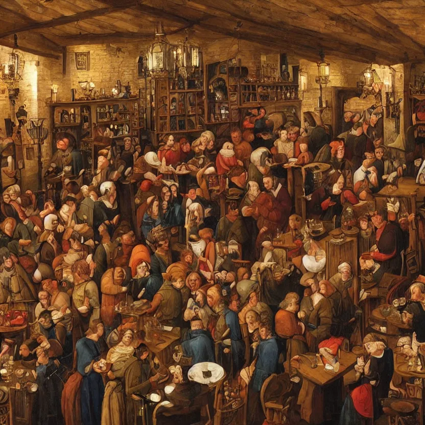 Prompt: medieval pub full of people