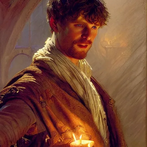 Image similar to handsome arthur pendragon in love with merlin the mage. highly detailed painting by gaston bussiere, craig mullins, j. c. leyendecker