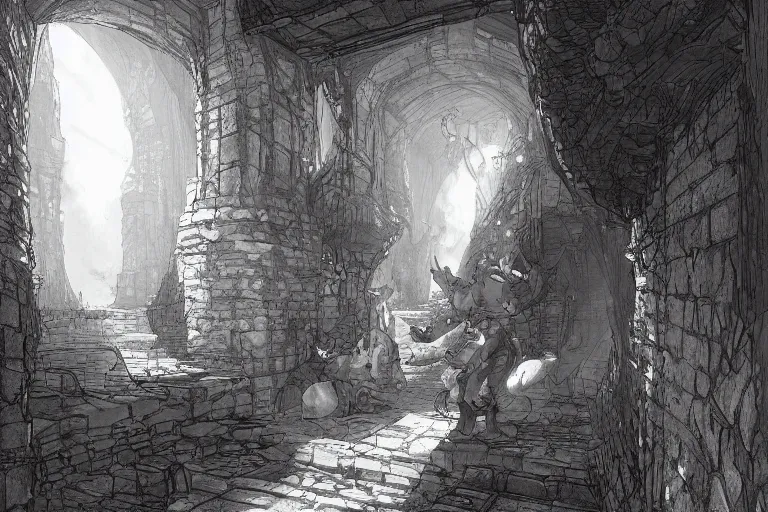 Image similar to black and white one point perspective dungeon cozy fantasy dungeon hallway view with pit in the middle of the ground by artgerm and Craig Mullins, James Jean, Andrey Ryabovichev, Mark Simonetti and Peter Morbacher 16k