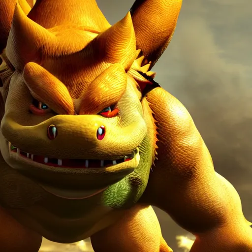 Prompt: realistic bowser, 8 k, hd, highly detailed