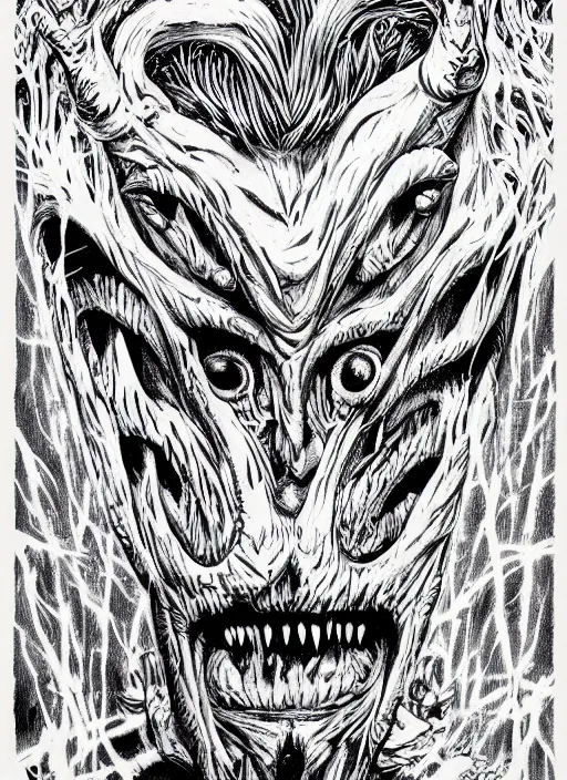 Prompt: Donald Trump's true form on a 1990s body horror movie poster, inking, vintage 90s print, detailed, scary, horror, screen print, trending on artstation