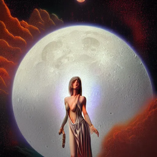 Image similar to photorealistic lunar goddess in the style of michael whelan and gustave dore. hyperdetailed photorealism, 1 0 8 megapixels, fully clothed, lunar themed attire, amazing depth, glowing rich colors, powerful imagery, psychedelic overtones, 3 d finalrender, 3 d shading, cinematic lighting, artstation concept art