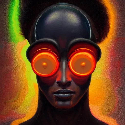 Image similar to olympian god starring into the camera, fixed eyes, flowing black coat with glowing neon orange trim, inside a museum, colorful, surreal, dramatic lighting, face, detailed, intricate, elegant, highly detailed, digital painting, artstation, chalk, concept art, smooth, sharp focus, illustration, art by sam spratt, dan mumford, artem demura and alphonse mucha