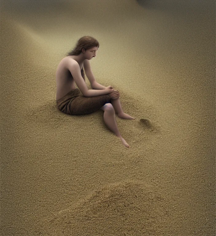Prompt: a person sitting in a pile of sand, a detailed matte painting by brad kunkle, cg society contest winner, analytical art, fractalism, wiccan, behance hd