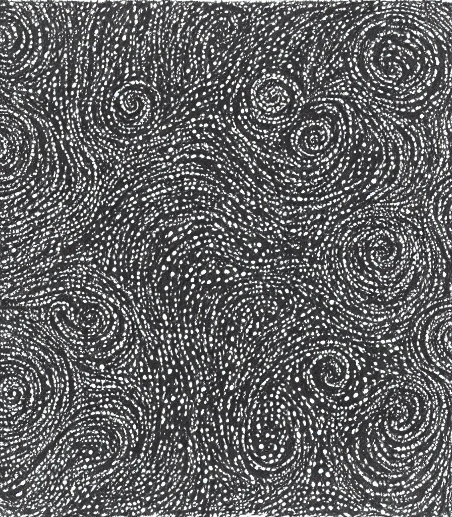 Image similar to a painting of two black, symmetrical, spiral galaxies, pointilism, rough charcoal sketch, black dots