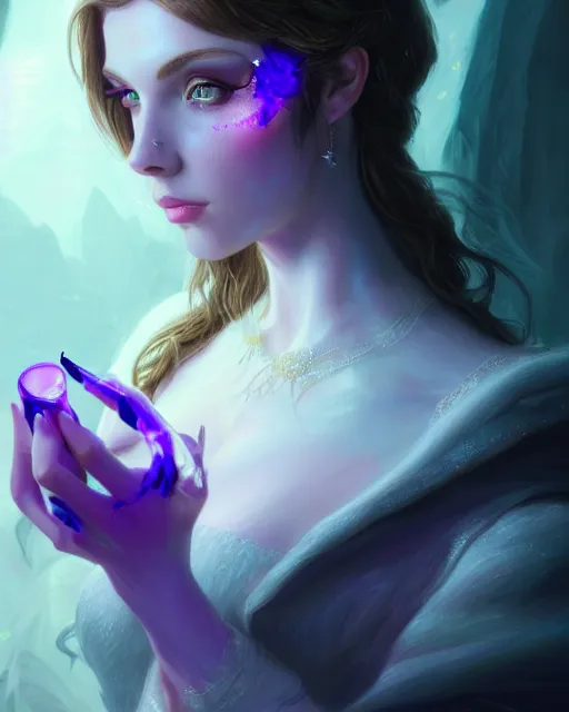 Image similar to Amouranth writing on herself, accurate details, detailed face, purple liquid in cup glowing, fantasy, dramatic, intricate, elegant, highly detailed, digital painting, artstation, concept art, smooth, sharp focus, illustration, art by Gustave Dore, octane render