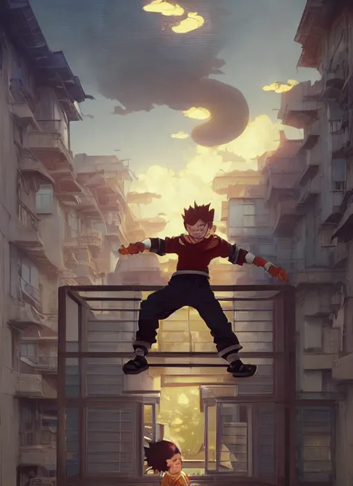 Image similar to highly detailed krillin standing outside building with a window with metal bars and naruto uzumaki with black hair behind them art by greg rutkowski, loish, rhads, ferdinand knab, makoto shinkai and lois van baarle, ilya kuvshinov, rossdraws, tom bagshaw, global illumination, radiant light, detailed and intricate environment