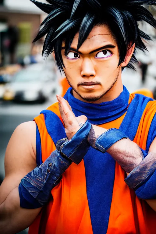 Image similar to portrait Goku from DragonBall Z as a real human, photojournalism street photography, 50mm lens