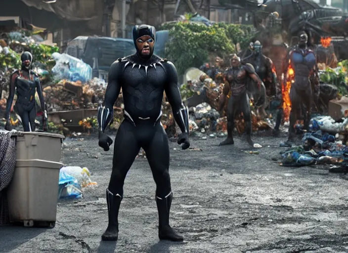 Image similar to Black Panther working as a garbage man in the new avengers movie, 4k