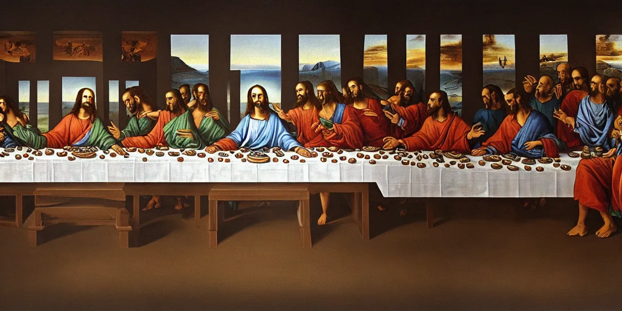 Image similar to the last supper iconic image in the style of dali surreal jesus christ iconography