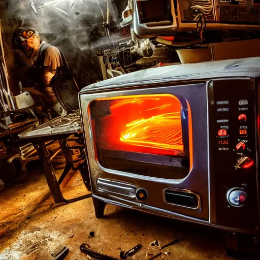 Image similar to cyborg toaster oven repairman, dark messy smoke - filled cluttered workshop, dark, dramatic lighting, orange tint, sparks, cinematic, highly detailed, sci - fi, futuristic, movie still