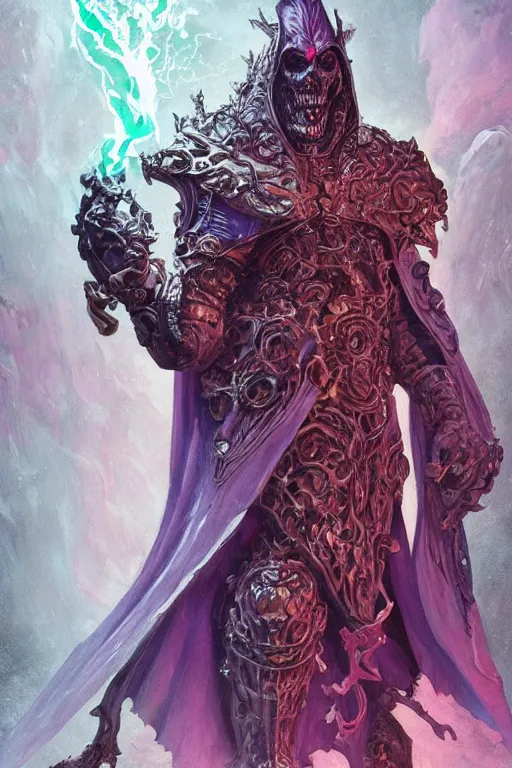 Image similar to portrait of hulking herculean ainz ooal gown undead lich, from overlord, warlock purple robes, magical electricity, upper body, fantasy, intricate, elegant, highly detailed, digital painting, artstation, concept art, sharp focus, illustration, art by artgerm and greg rutkowski and alphonse mucha