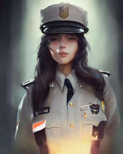 Image similar to Hyper realistic painting of a beautiful girl in a police uniform, hyper detailed, anime, by greg rutkowski, trending on artstation