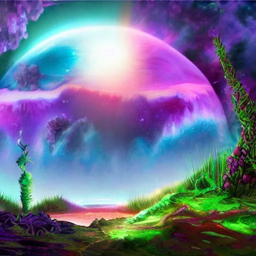 Prompt: fantasy alien planet landscape indigo, purple, and cyan strange succulent type colorful plants and unusual trees, crater pond with water and ringed planet rising on the horizon detailed airbrushed luminescent oil painting trending on artstation 4 k