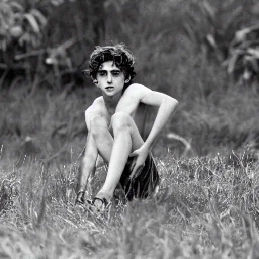 Prompt: timothee chalamet plays ralph in lord of the flies ( 1 9 6 3 ), 3 5 mm black and white, highly detailed, cinematic lighting