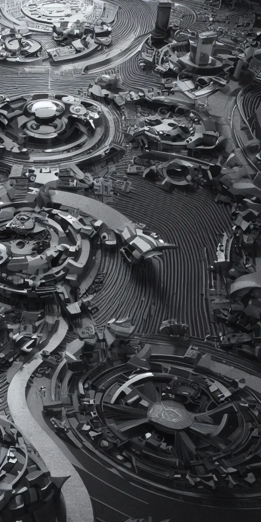 Image similar to the flow of time. octane render. 8 k. robots are taking over. monochrome. cinematic.