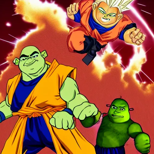 Prompt: Super Saiyan Shrek Fights for the Sake of humanity