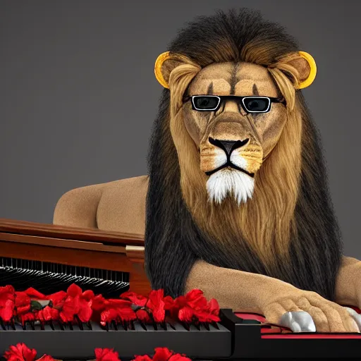 Image similar to a realistic looking lion wearing glases and holding a piano keyboard, surrounded by lemons and a red flower, dark grey background, studio lights, unreal engine render,
