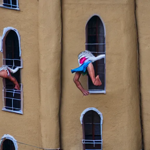 Prompt: some dwarfs are making some backward somersault from a balcony, close up photography