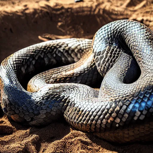 Prompt: huge snake squeezing a dead body inside the grave, dark colors, horror, realistic, sand and gravel