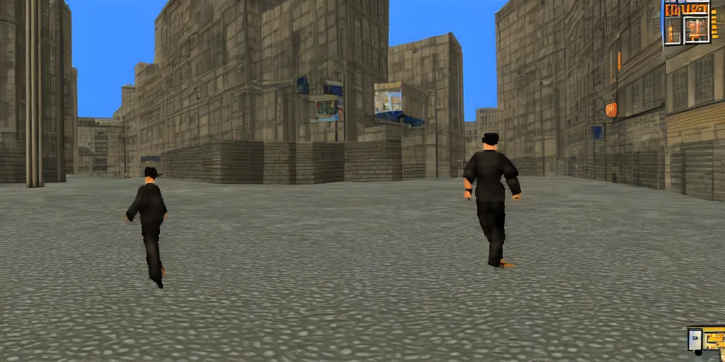 Image similar to glitchy PS1 game, third person, man walking through city