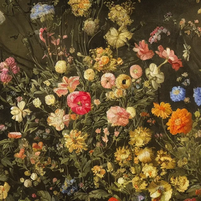 Image similar to a painting of flowers in a garden at night, a flemish baroque by jan van kessel the younger, intricate high detail masterpiece