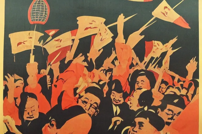 Image similar to vintage poster chinese cultural revolution propaganda, realistic, grain, rockets, astronauts