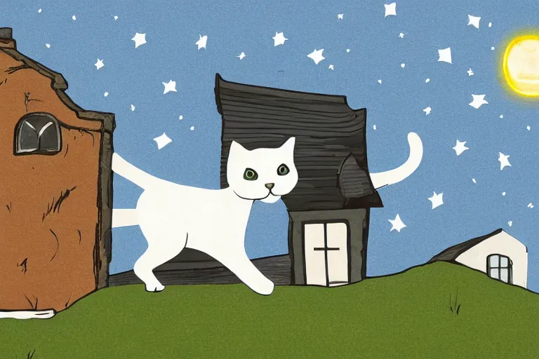 Prompt: detailed illustration of a white cat with a black spot on her trunk playing guitar, an old house with a window over a hill, blue sky, a big star falling