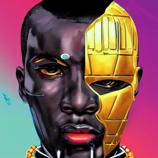 Prompt: portrait of a african male android, by MARVEL comics and Sandra Chevrier