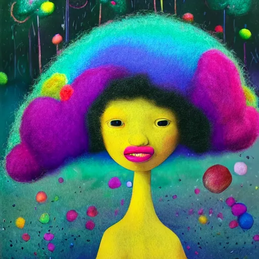 Image similar to a black girl with a colorful afro and rainbow eyes, in a candy forest! at night, bokeh, bright colours, watercolor, volumetric wool felting, macro photography, children illustration, by goro fujita