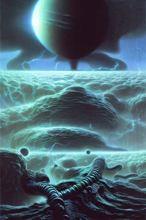 Prompt: terrifying storm clouds over alien planet by thomas ligotti and wayne barlowe